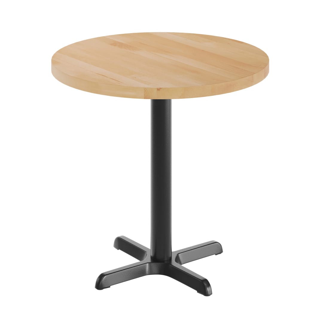 Bennett 30" Round Solid Wood Commercial Indoor Tabletop in Natural with 22" x 22" Table Height Rust-Resistant Black Cast Iron X-Base