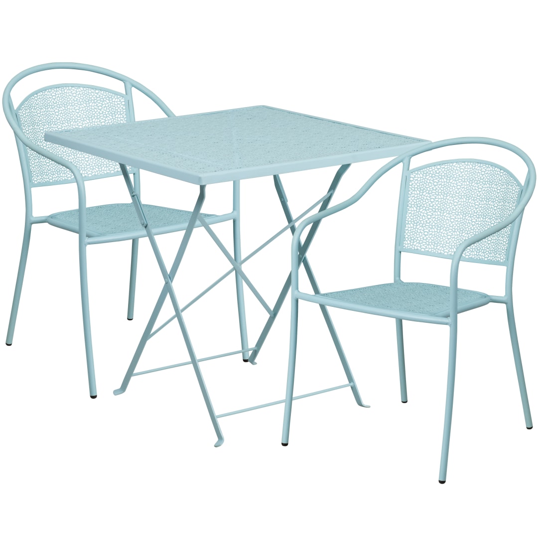 Oia Commercial Grade 28" Square Sky Blue Indoor-Outdoor Steel Folding Patio Table Set with 2 Round Back Chairs