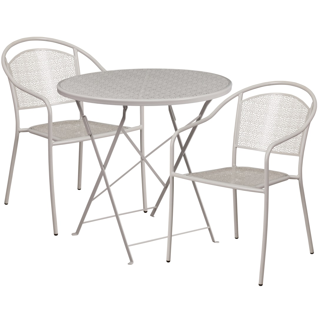 Oia Commercial Grade 30" Round Light Gray Indoor-Outdoor Steel Folding Patio Table Set with 2 Round Back Chairs