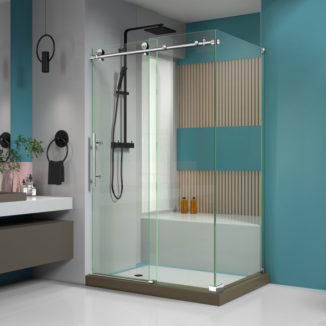 DreamLine Enigma-X 34 1/2 inch D x 48 3/8 inch W x 76 inch H Frameless Sliding Shower Enclosure in Polished Stainless Steel and Clear Glass