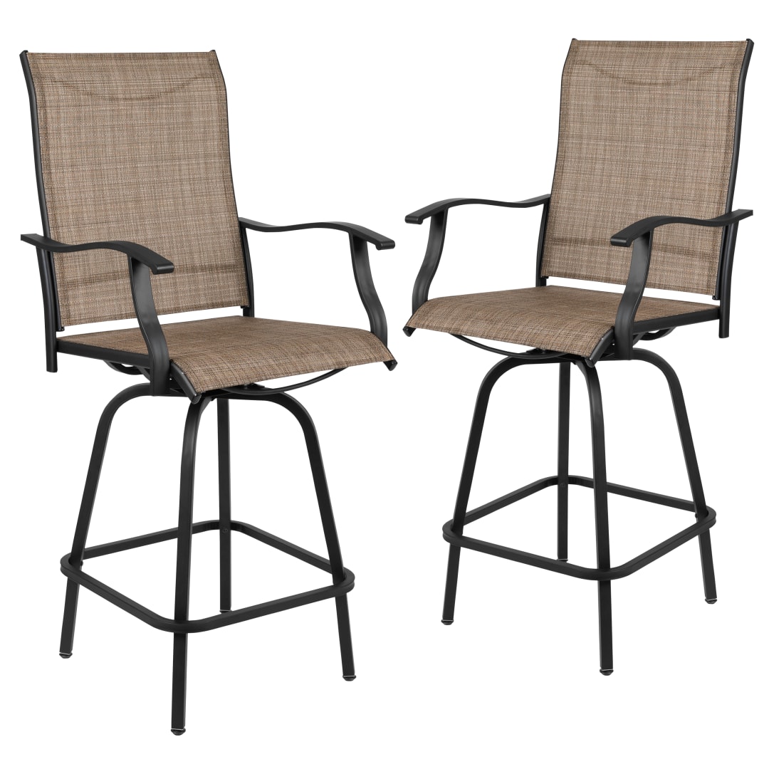 Valerie Patio Bar Height Stools Set of 2, All-Weather Textilene Swivel Patio Stools with High Back & Armrests in Brown