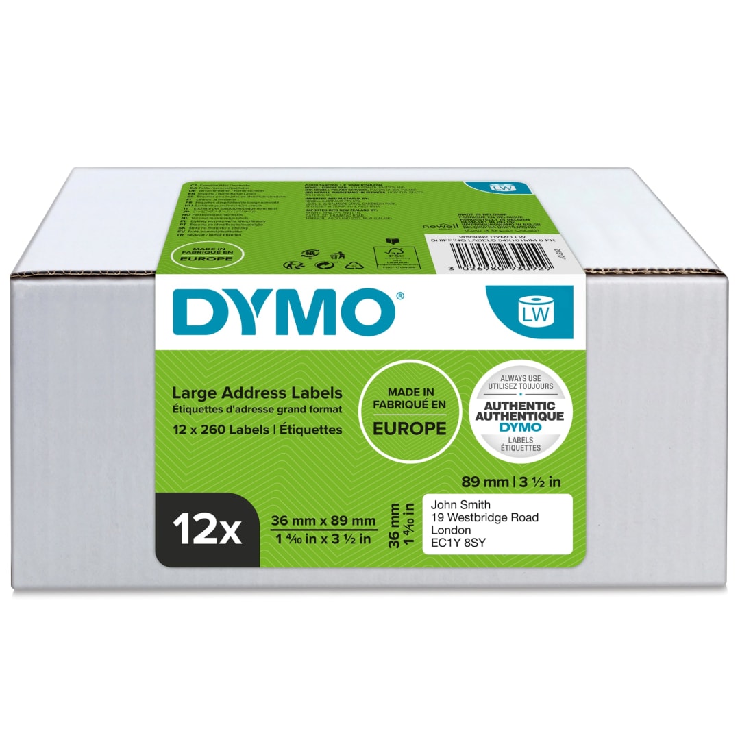 DYMO® Authentic LabelWriter™ Large Address Labels | 36mm x 89mm | 12 Rolls of 130 Easy-Peel labels (1,560 Count) | Self-Adhesive | for LabelWriter™ Label Makers