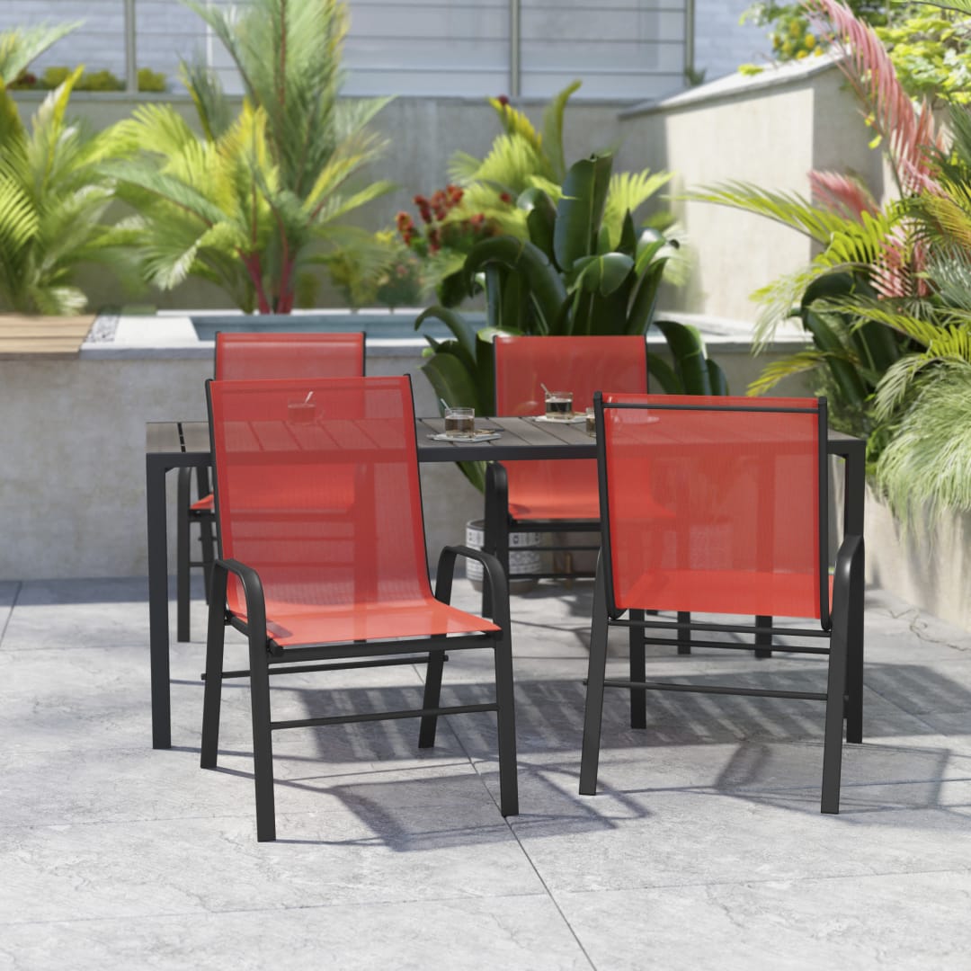 4 Pack Brazos Series Black Outdoor Stack Chair with Flex Comfort Material and Metal Frame