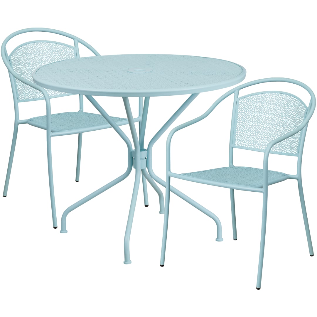 Oia Commercial Grade 35.25" Round Sky Blue Indoor-Outdoor Steel Patio Table Set with 2 Round Back Chairs