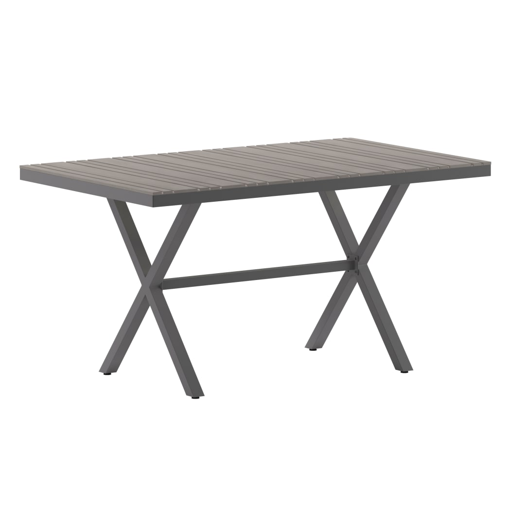 Finch Commercial Grade X-Frame Outdoor Dining Table 59" x 35.5" with Faux Teak Poly Slats and Metal Frame, Gray/Gray