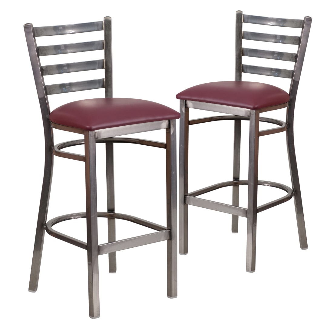 2 Pk. HERCULES Series Silver Antique Finish with Clear Coat Ladder Back Metal Restaurant Barstool - Burgundy Vinyl Seat