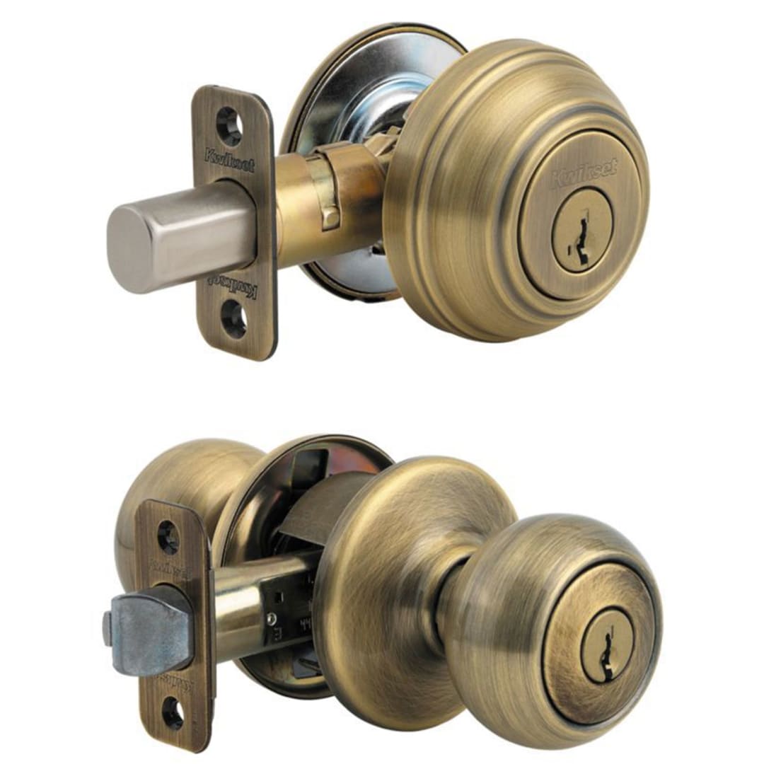 991 Copa Keyed Entry Knob and Single Cylinder Deadbolt Combo Pack featuring SmartKey Security™ in Antique Brass