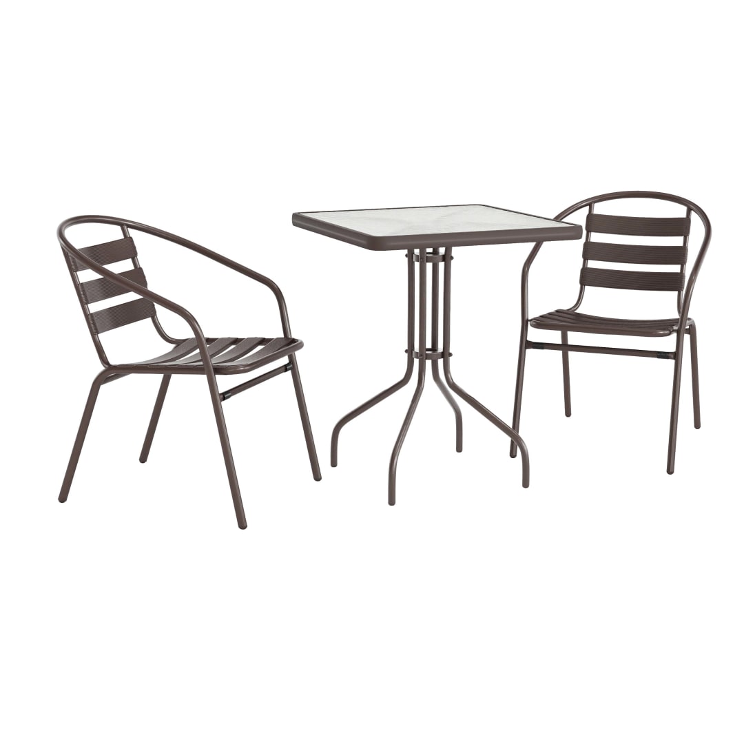Lila 23.5'' Square Glass Top Metal Table with 2 Bronze Aluminum Slat Stack Chairs