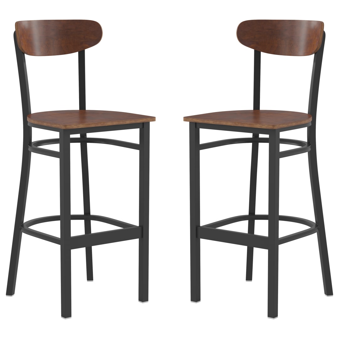 Wright Set of 2 Commercial Grade Barstools with 500 LB. Capacity Black Steel Frame, Solid Wood Seat, and Boomerang Back, Walnut Finish