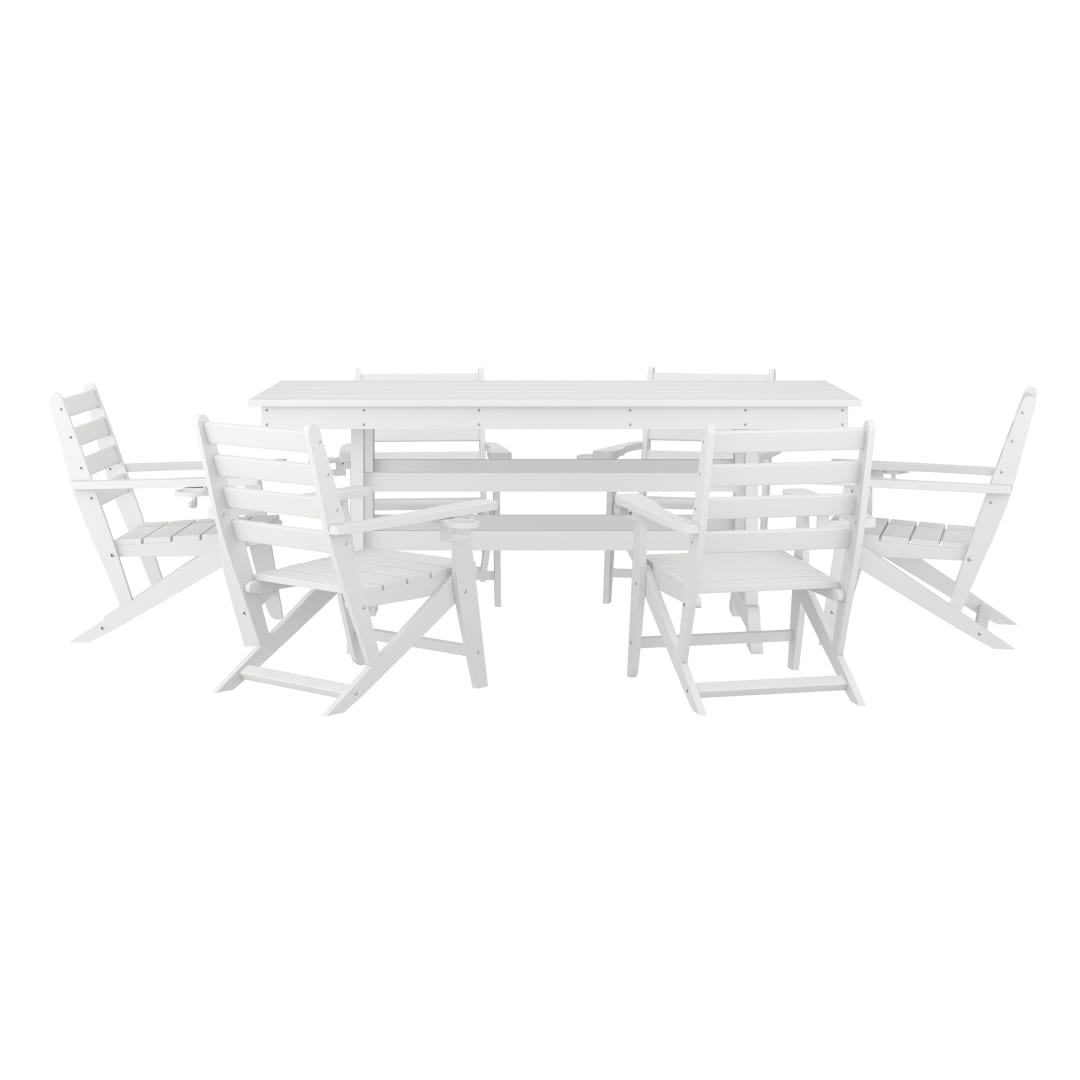 Tolleson Commercial 7 Piece Adirondack Dining Set with 72" Rectangle Indoor/Outdoor Recycled HDPE Table and 6 Chairs with Cupholders in White