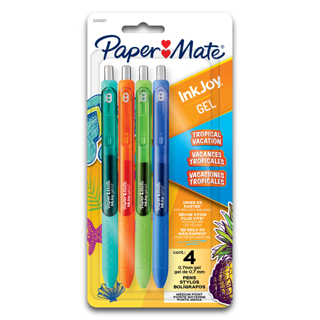 Stylos gel Paper Mate InkJoy, couleurs vacances tropicales, pointe moyenne (0,7 mm), rétractables, 4 unités