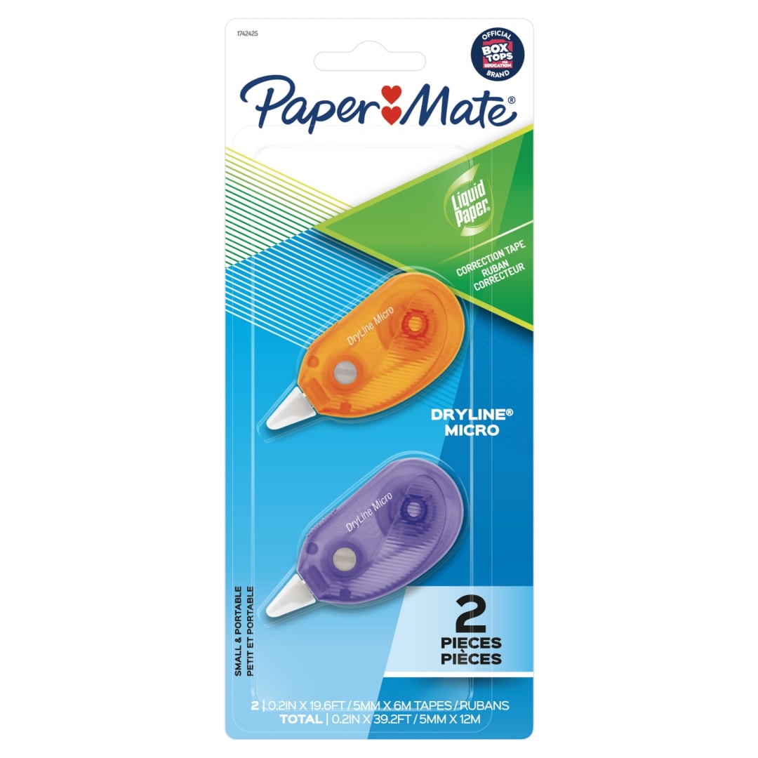 Paper Mate Liquid Paper DryLine Micro Correction Tape, Assorted Colors, 2 Count