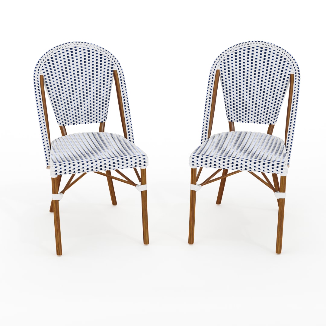 Lily Pond Set of 2 Indoor-Outdoor Stackable Bistro Chairs with Natural Woodgrain Aluminum Finish Frames and White/Navy Woven Rattan Backs/Seats