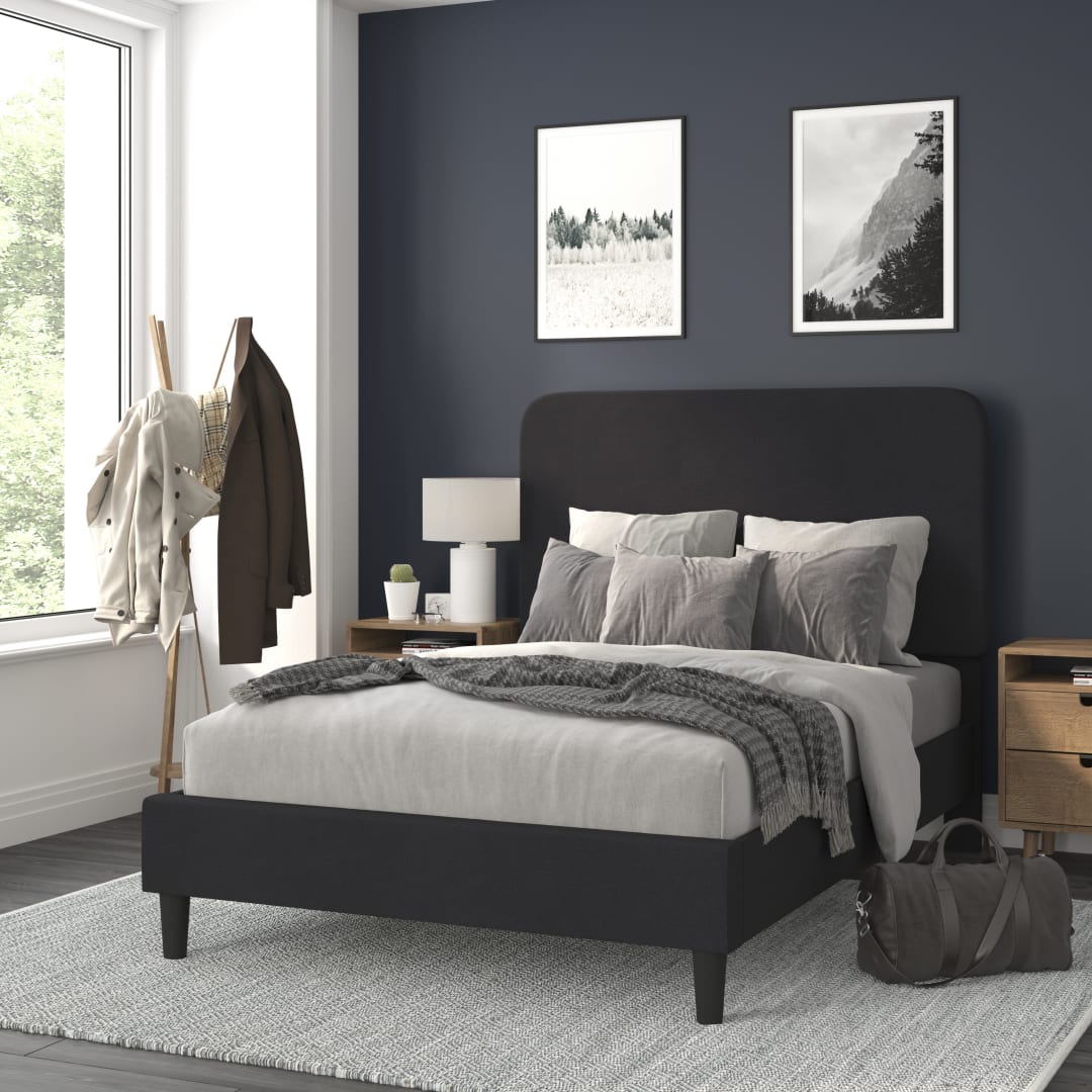 Addison Charcoal Full Fabric Upholstered Platform Bed - Headboard with Rounded Edges - No Box Spring or Foundation Needed