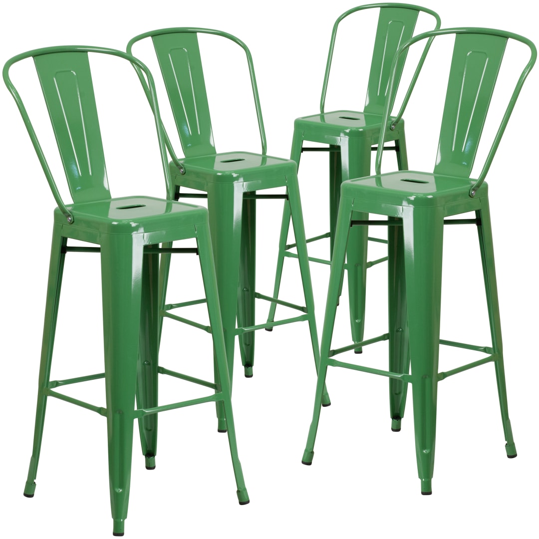 Lily Commercial Grade 4 Pack 30" High Green Metal Indoor-Outdoor Barstool with Removable Back