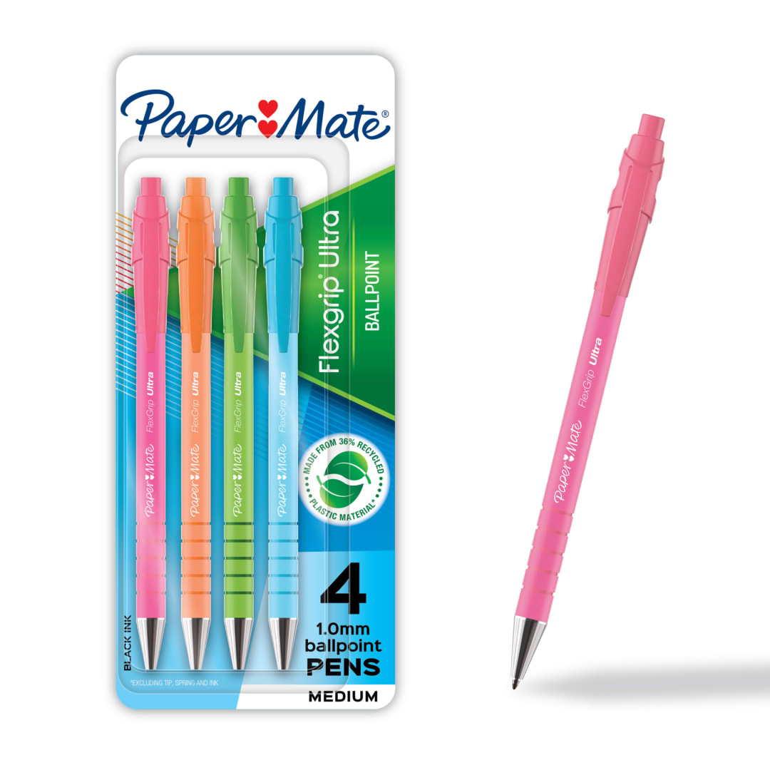 Paper Mate FlexGrip Ultra Ballpoint Pens, Made from Recycled Plastic Materials, Assorted Barrel Colors, Medium Point (1.0mm), Black, 4 Count