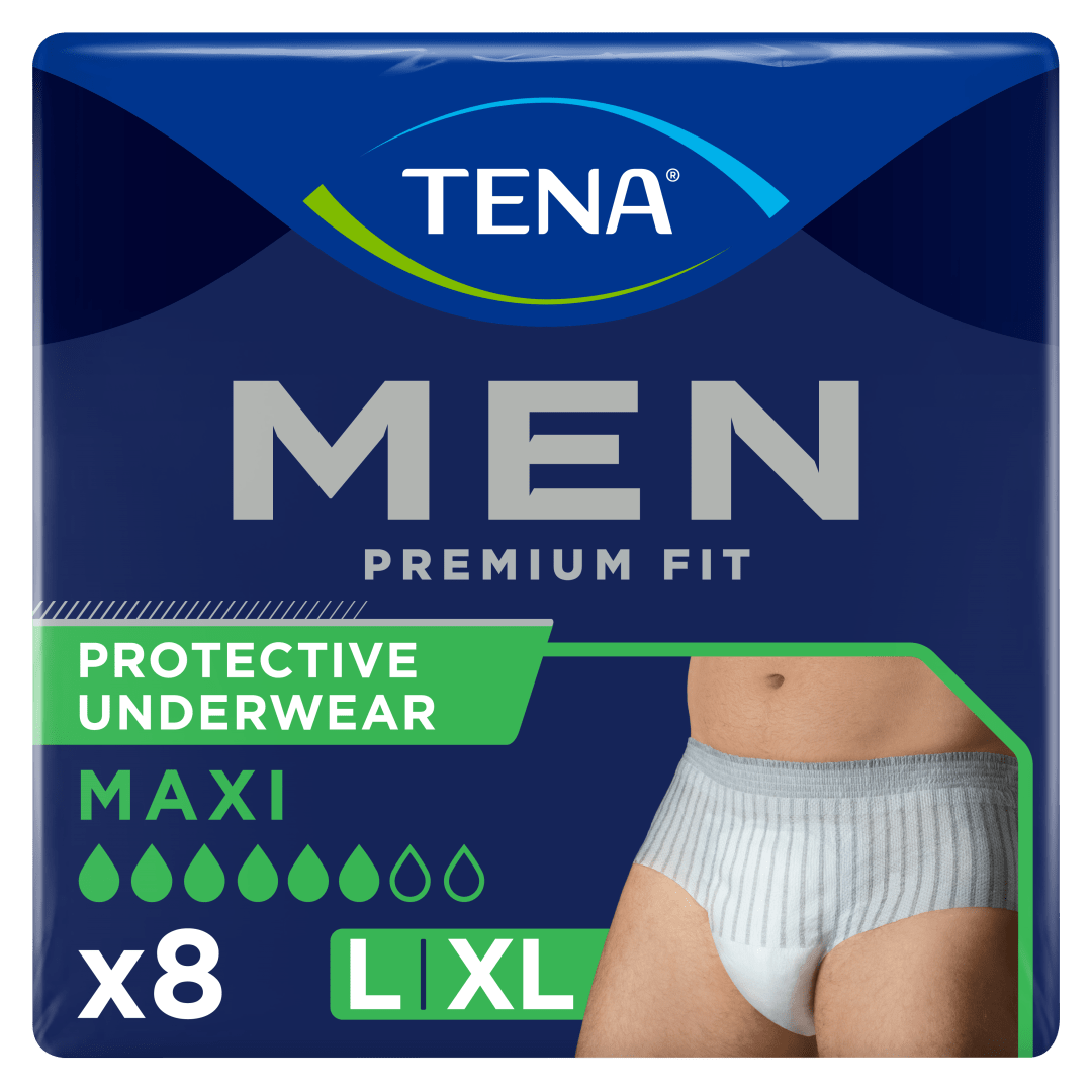TENA Men Premium Fit Protective Underwear Maxi – Incontinence Pants for Men, Heavy Urine Leakage, Triple Protection Against Leaks, Odour &amp; Moisture, Underwear-Like Fit- L/XL Pack of 8