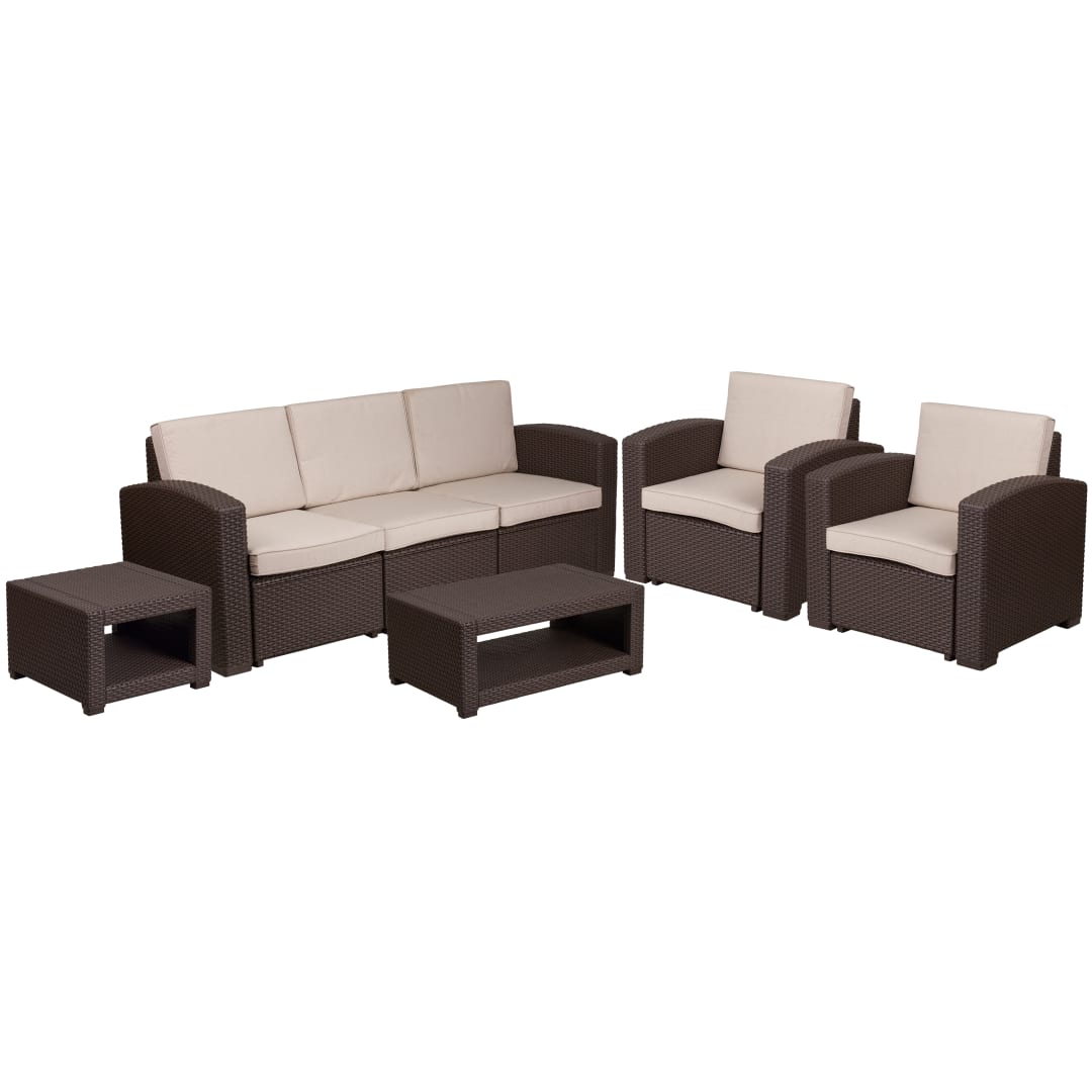 Seneca 5 Piece Outdoor Faux Rattan Chair, Sofa and Table Set in Seneca Chocolate Brown