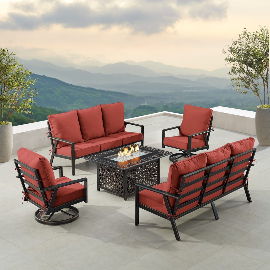 Black Aluminum Patio Fire Table Set with Two Deep Seating Sofa with Cushions and Two Club Chairs