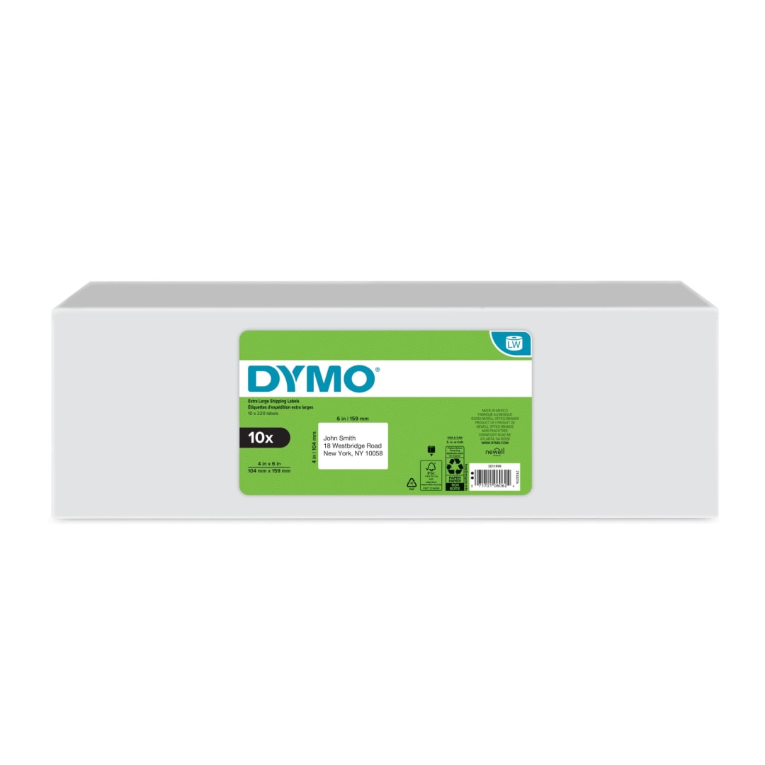 DYMO® Authentic LW Extra-Large Shipping Labels for LabelWriter™ Label Printers, White, 4" x 6", 10 Rolls of 220 (2200 Total)