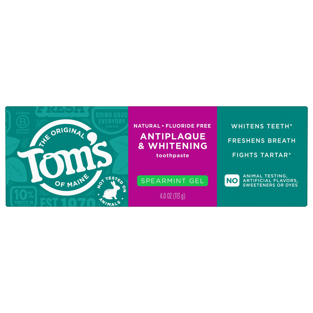 Tom's of Maine Antiplaque and Whitening Fluoride Free Natural Toothpaste Gel, Vegan, Spearmint, 4 ounces (3 Pack)
