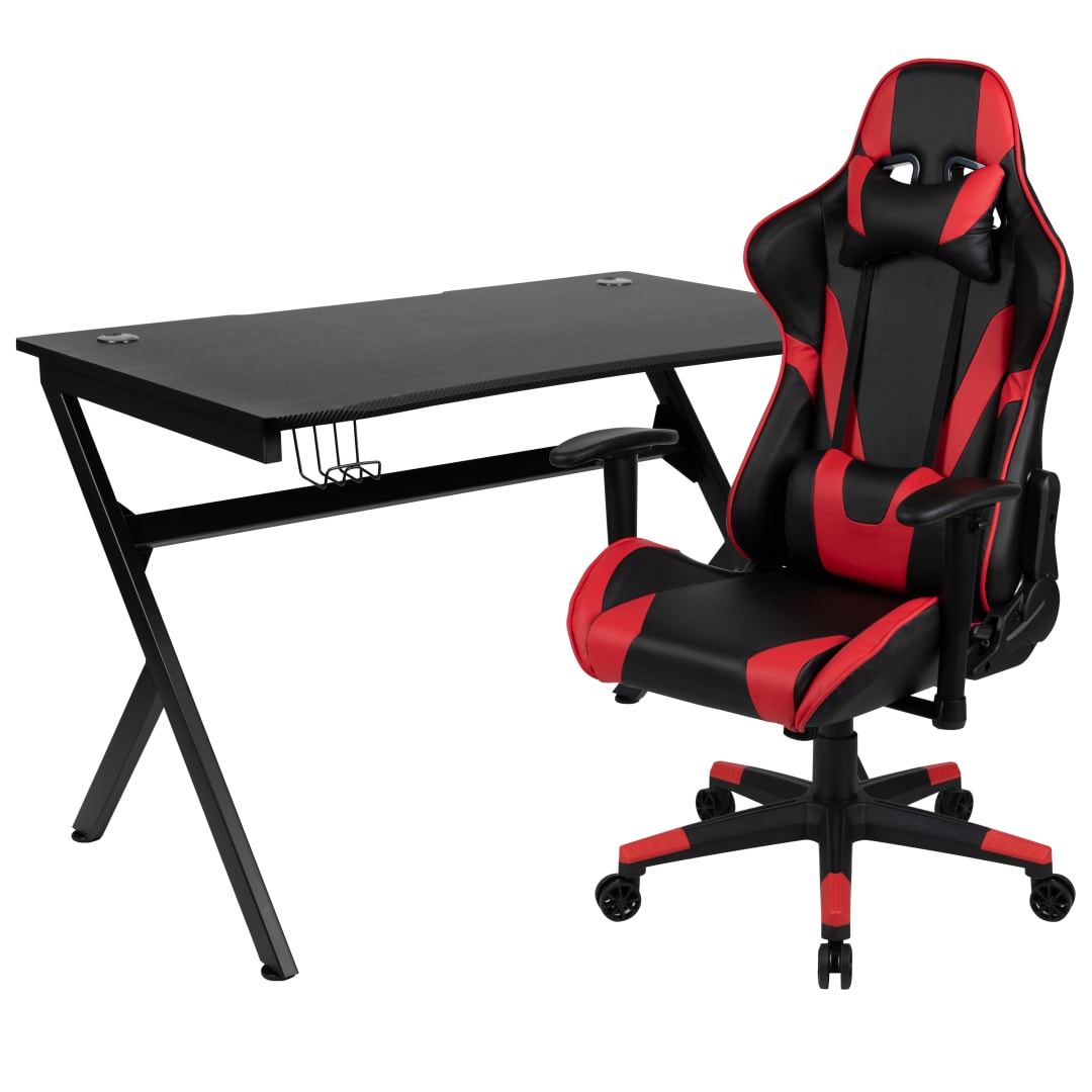 Optis Black Gaming Desk and Red/Black Reclining Gaming Chair Set with Cup Holder, Headphone Hook &amp; 2 Wire Management Holes
