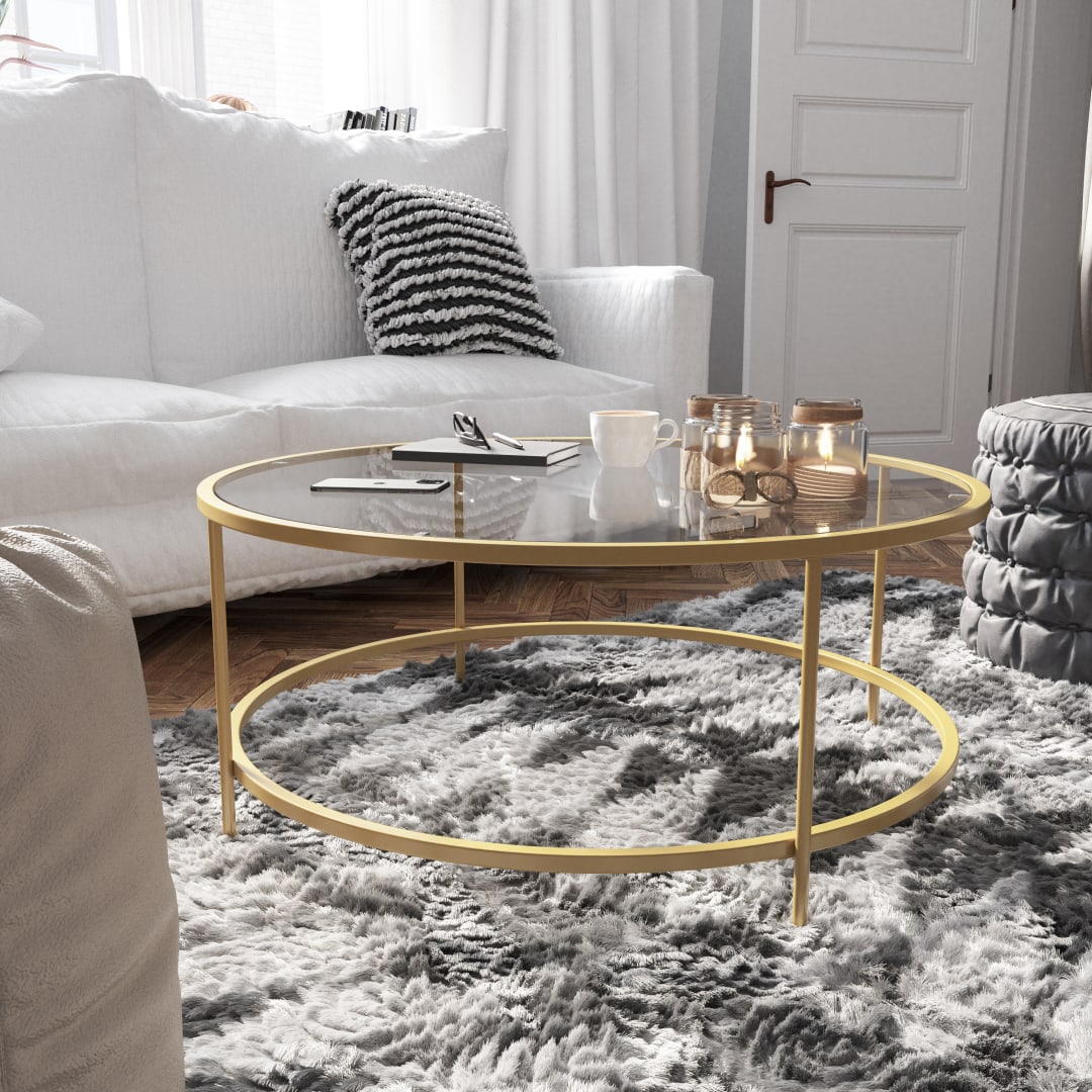 Astoria Collection Round Coffee Table - Modern Clear Glass Coffee Table with Brushed Gold Frame