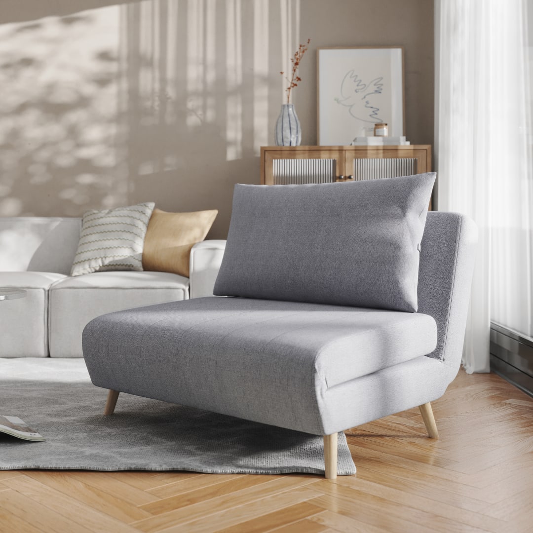 Shaw Convertible Tri-Fold Sleeper Chair with Pillow, Multifunctional Adjustable Sleeper with Channel Stitching and Hideaway Legs in Light Gray