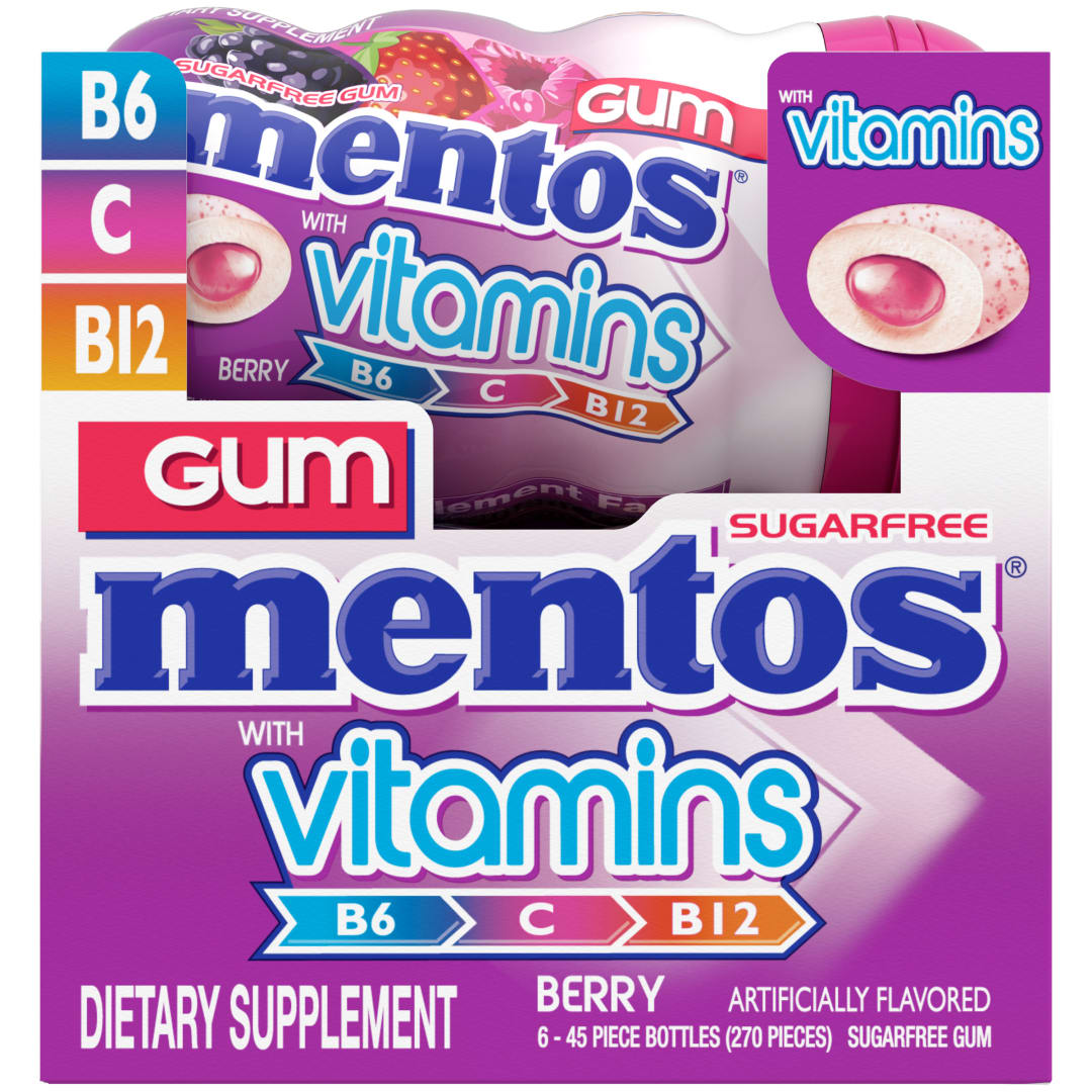 Mentos Gum with Vitamins Sugar Free Chewing Gum Berry 45 pc Curvy Bottles - 6 Pack