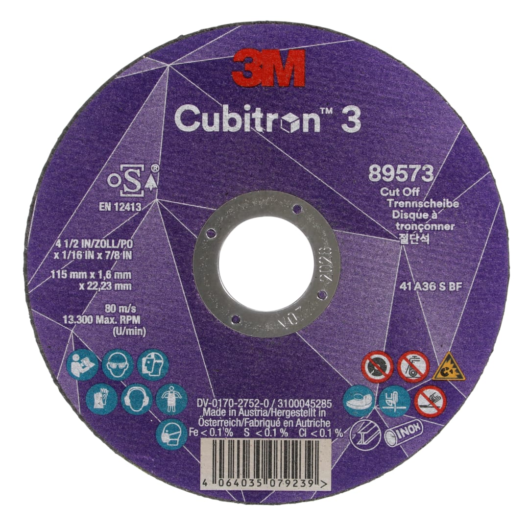 3M™ Cubitron™ 3 Kesme Taşı, 89573, 36+, T41, 115 mm x 1,6 mm x 22,23 mm, EN, 25/Paket, 50 adet/Kutu