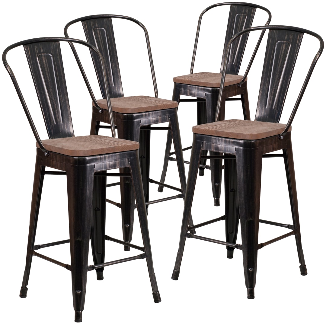 Lily 4 Pack 24" High Black-Antique Gold Metal Counter Height Stool with Back and Wood Seat