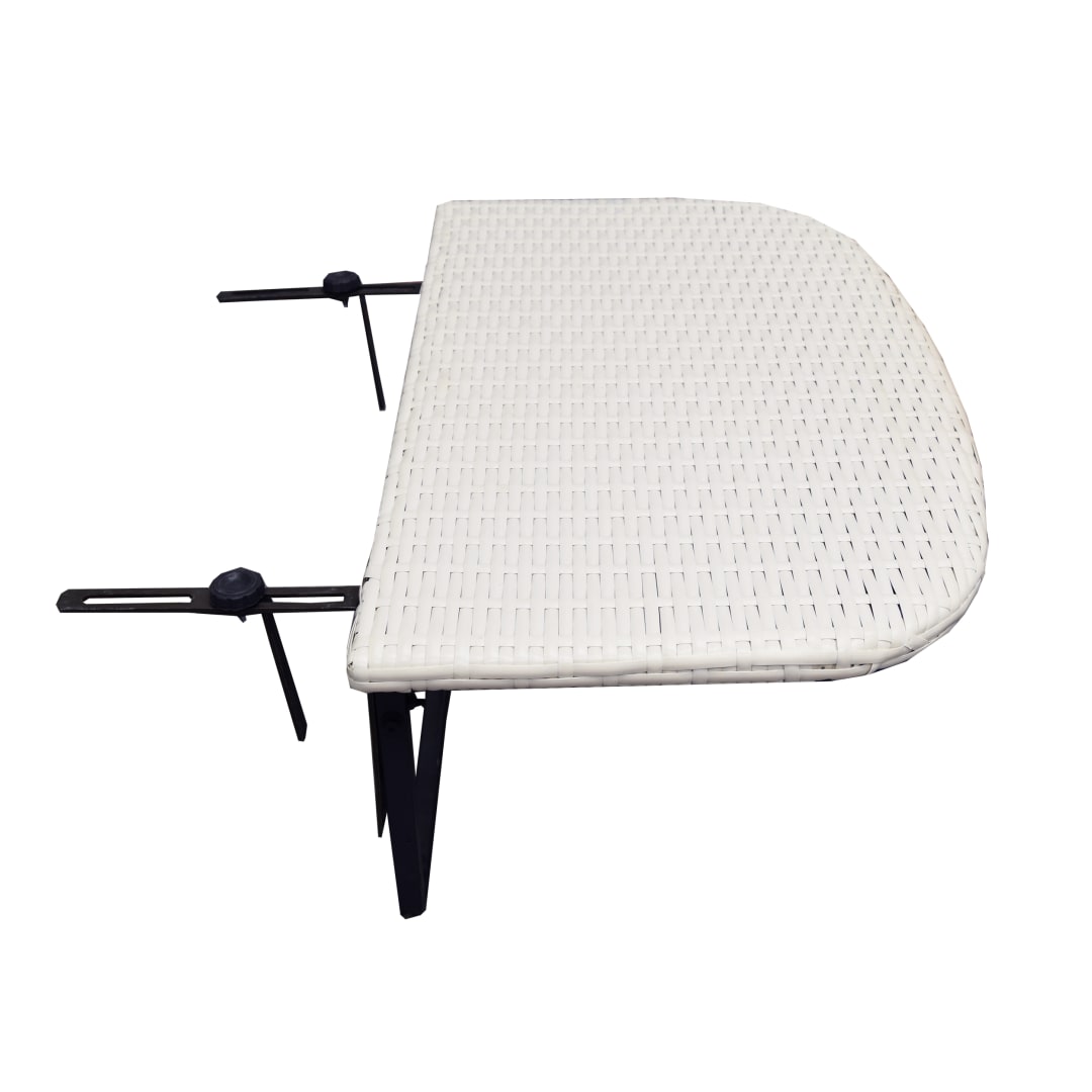 White Indoor and Outdoor Foldable Wicker Balcony Table with Metal Frame and Adjustable Clamps