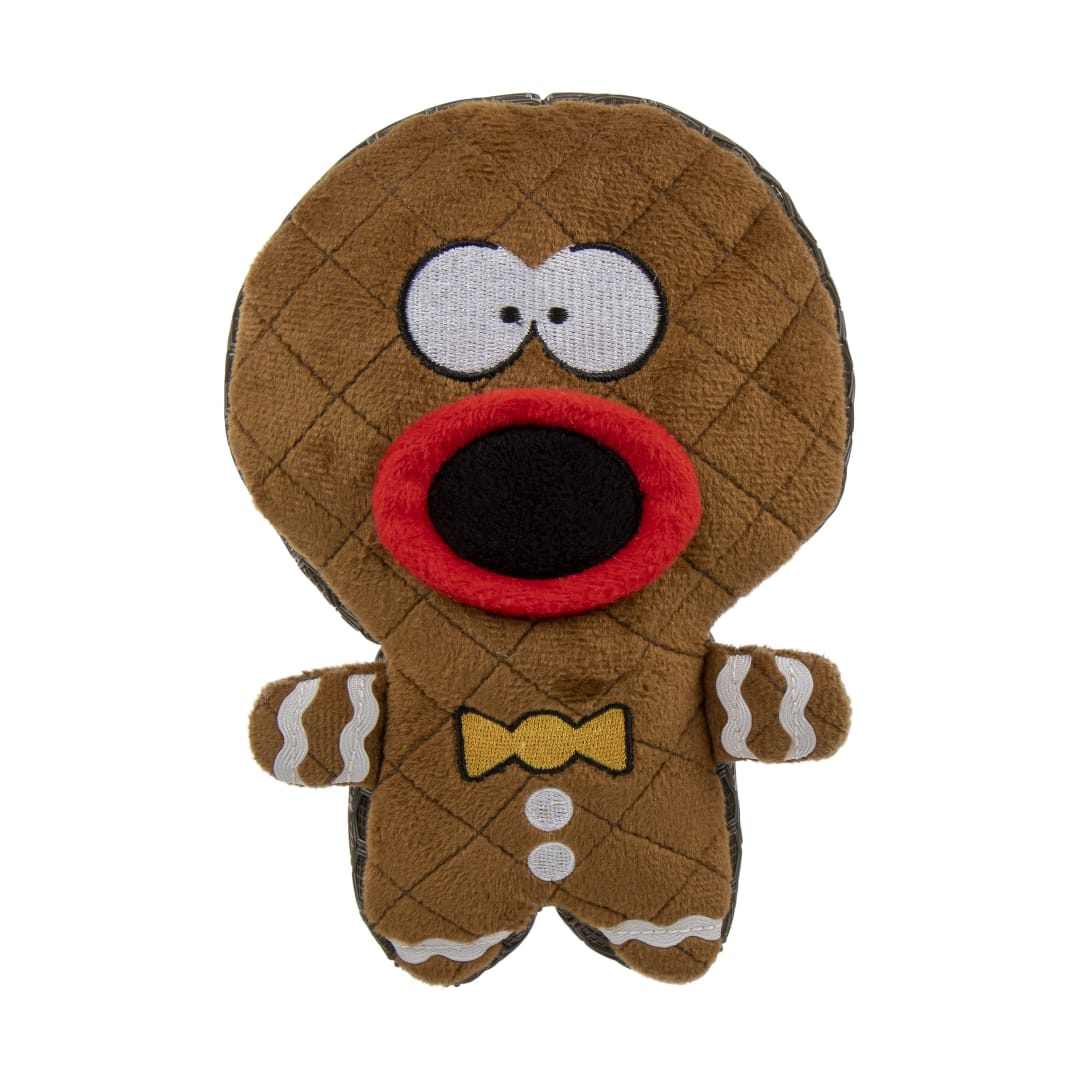 goDog Holiday Collection Mixed Materials TPE Plush Gingerbread Man Squeaky Dog Toy with Chew Guard Technology, Brown