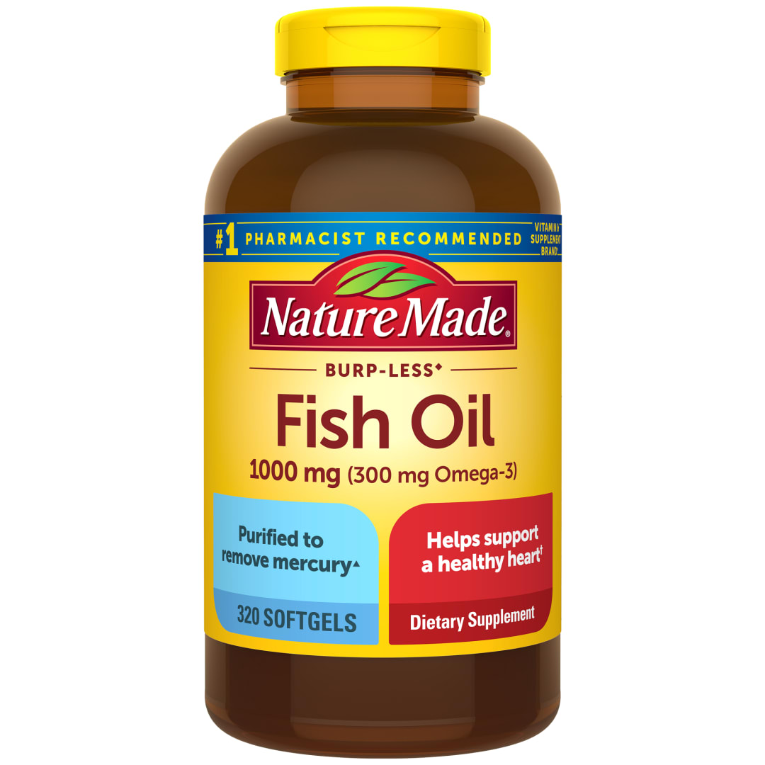 Nature Made Burp Less Fish Oil Omega 3 Supplements, 1000mg Softgels, Omega 3 Fish Oil Supplements for Healthy Heart Support, 320 Softgels, 160 Day Supply