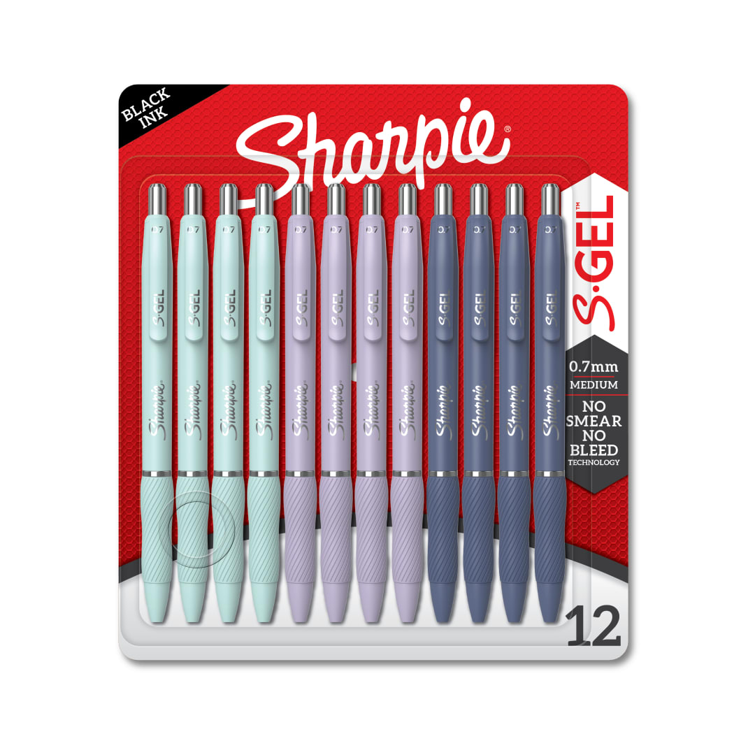 Sharpie® S-Gel, Gel Pens, Medium Point (0.7mm), Assorted Fashion Barrels, Black Ink, 12 Count