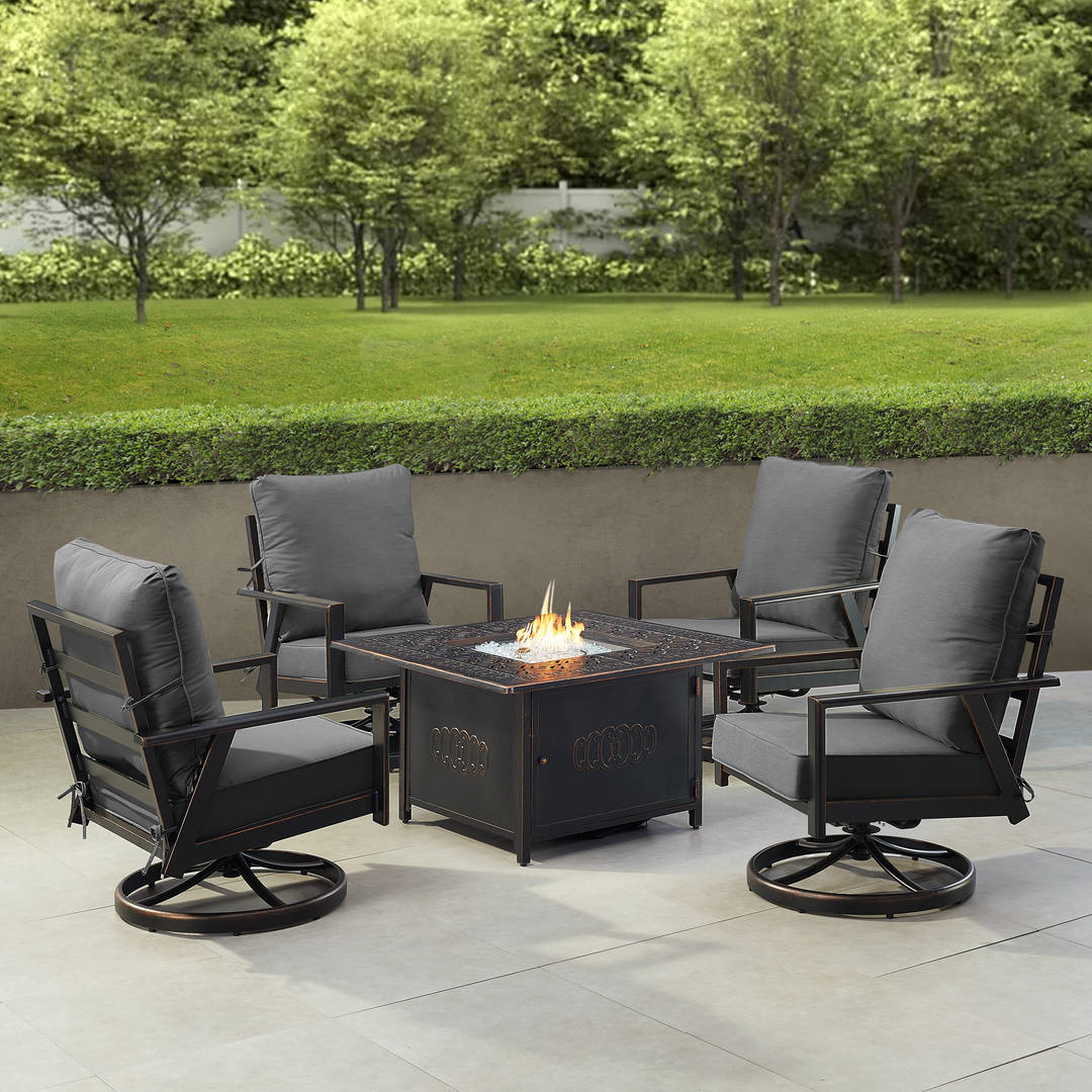 Black Aluminum Patio Fire Table Set with Four Club Chairs