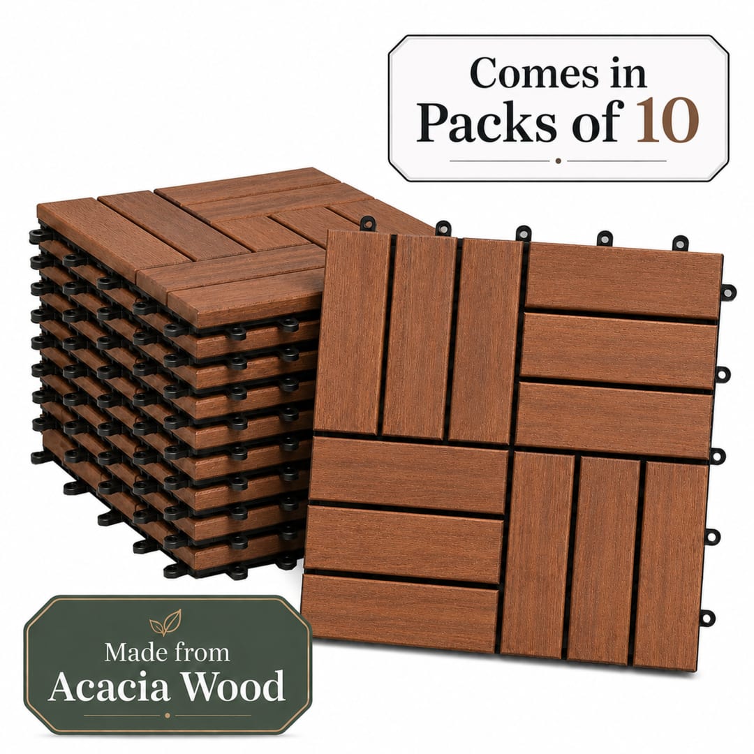 Patio Flooring Indoor/Outdoor 12 in. Brown Acacia Wood Interlocking Deck Tiles, 10-Pack