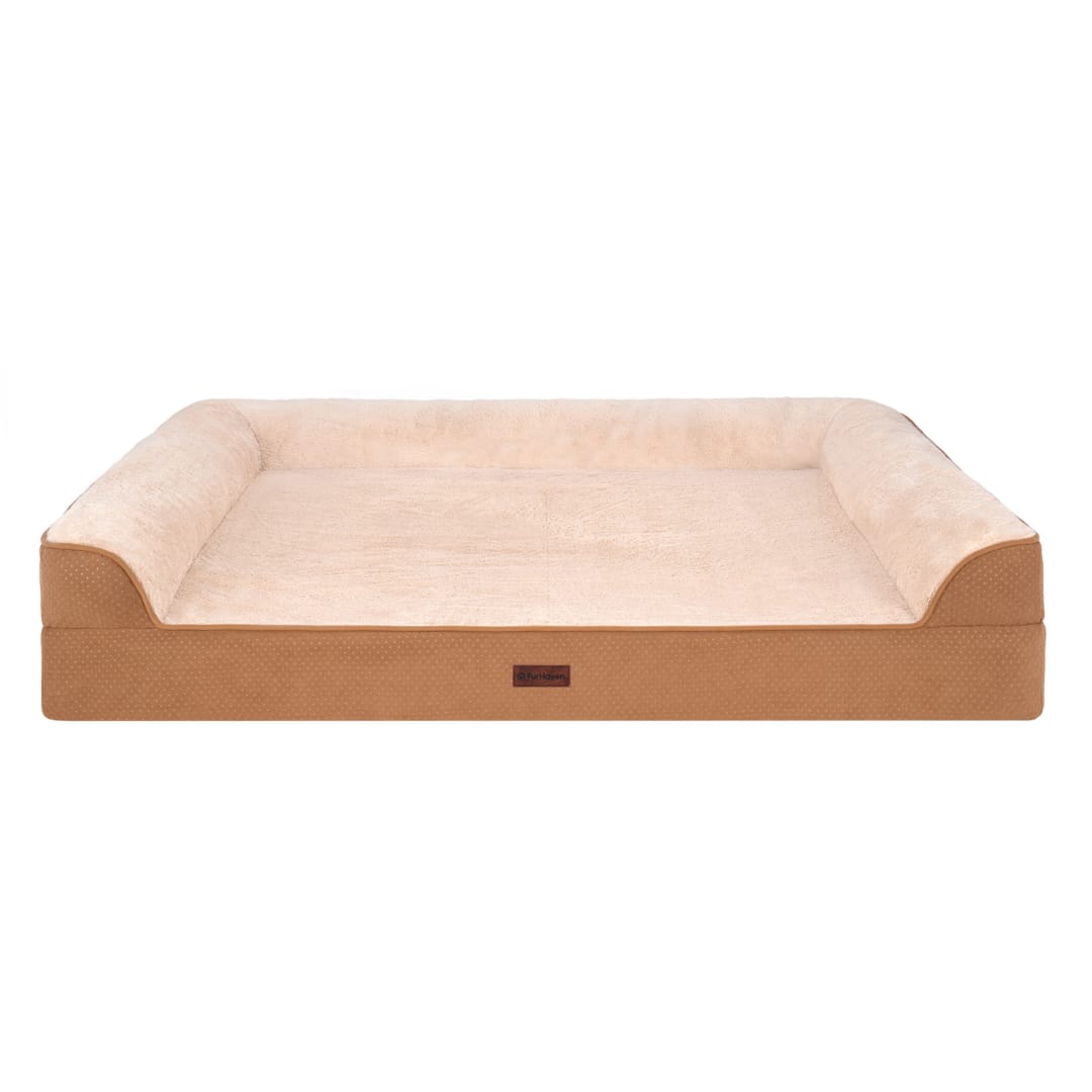 FurHaven Jumbo Plus (53"x40") Cooling Gel Dog Bed – Cool Gel Memory Foam Sofa Pet Bed, Embossed Velvet, Removable Washable Cover, Cognac