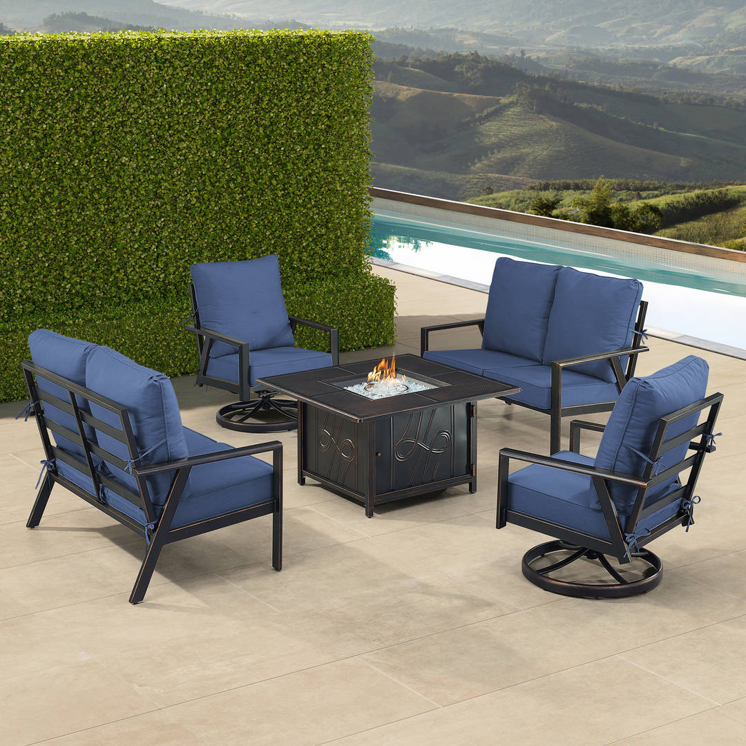 Black Aluminum Patio Fire Table Set with Two Deep Seating Loveseat with Cushions and Two Club Chairs