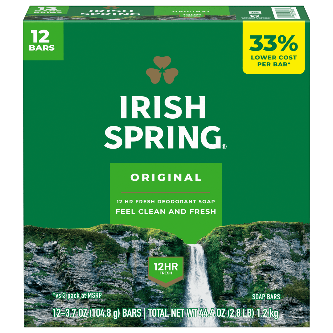 Irish Spring Original Deodorant Bar Soap for Men, With Flaxseed Oil, 12 Hour Fresh Deodorant Soap, 3.7 oz Bar (12 Pack)