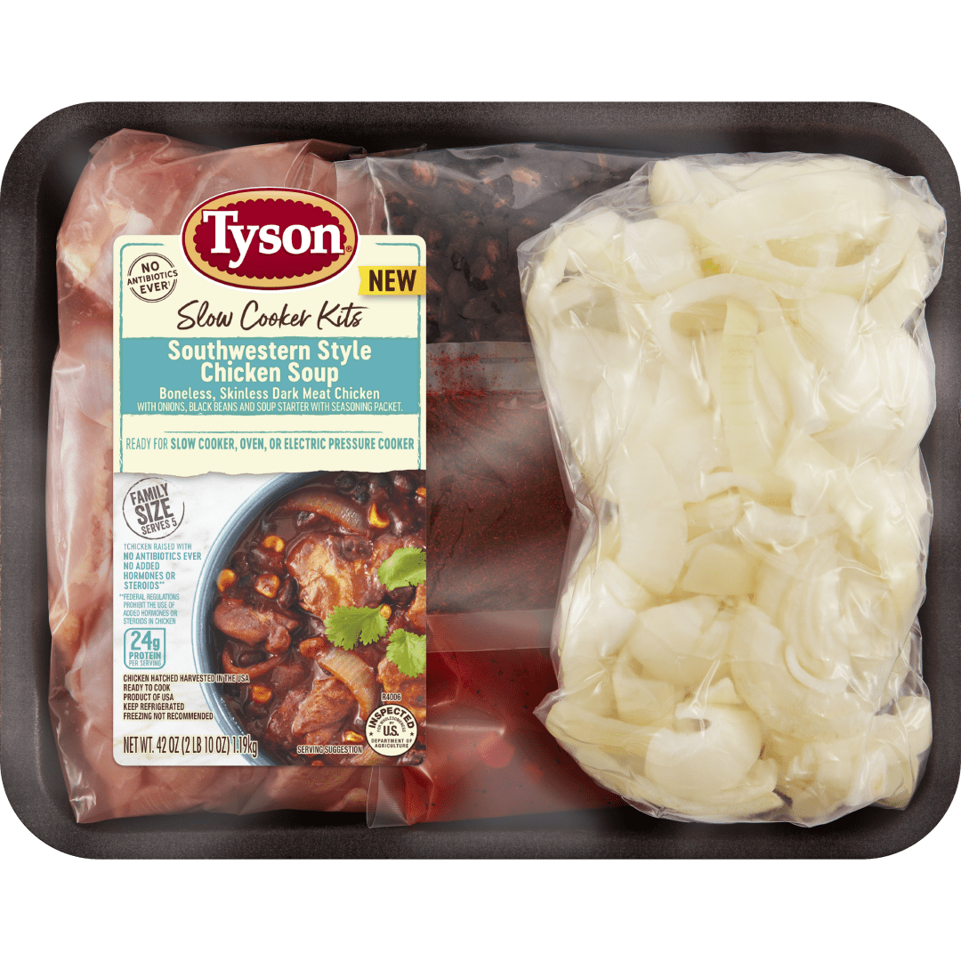 Tyson® Slow Cooker Kits Southwestern Style Chicken Soup, Boneless Skinless Dark Meat Chicken with Onions, Black Beans and Soup Starter with Seasoning Mix, 42 oz