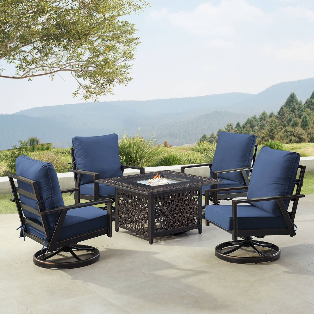 Black Aluminum Patio Fire Table Set with Four Club Chairs