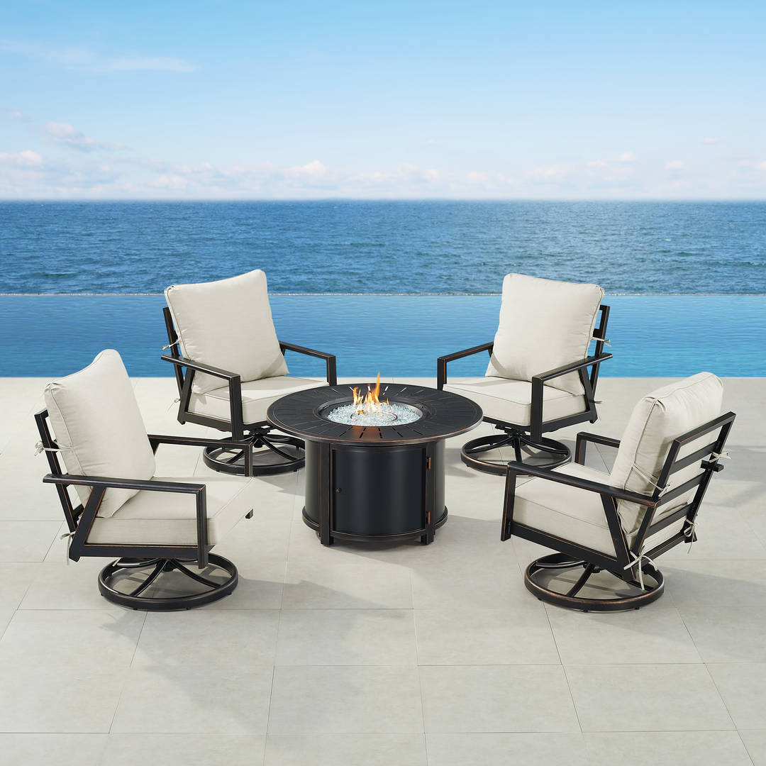Black Aluminum Patio Fire Table Set with Four Club Chairs