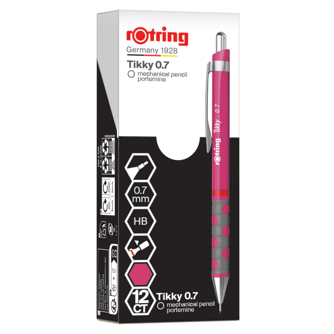 rOtring Tikky Portaminas | HB 0,7 mm | Cuerpo magenta (rosa) | Ligero con agarre de goma | 12 piezas