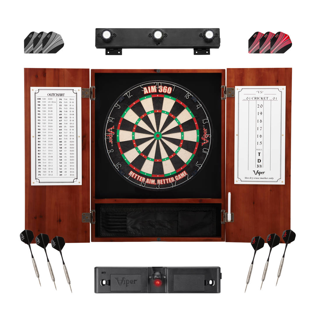 Viper AIM 360 Dartboard, Metropolitan Cinnamon Cabinet, Throw Line Light, Dartboard Lights, and Darts with Spare Flights