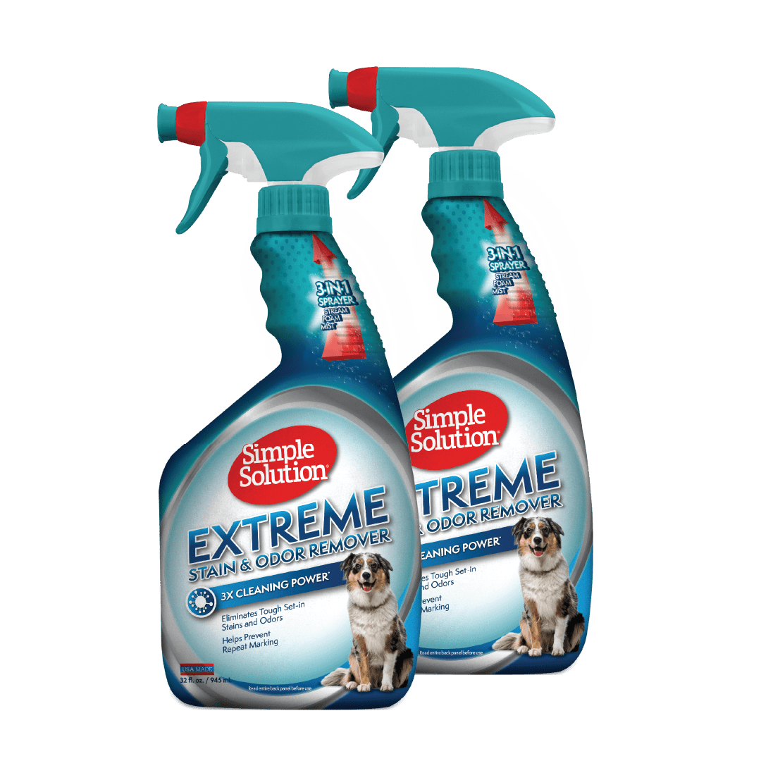 Simple Solution Extreme Pet Stain and Odor Eliminator Spray, Enzyme Cleaner With 3X Pro-Bacteria Cleaning Power for Dogs and Cats, Strong Enzymatic Smell Remover for Carpets, Upholstery, and Floors, 32 oz (Pack of 2)