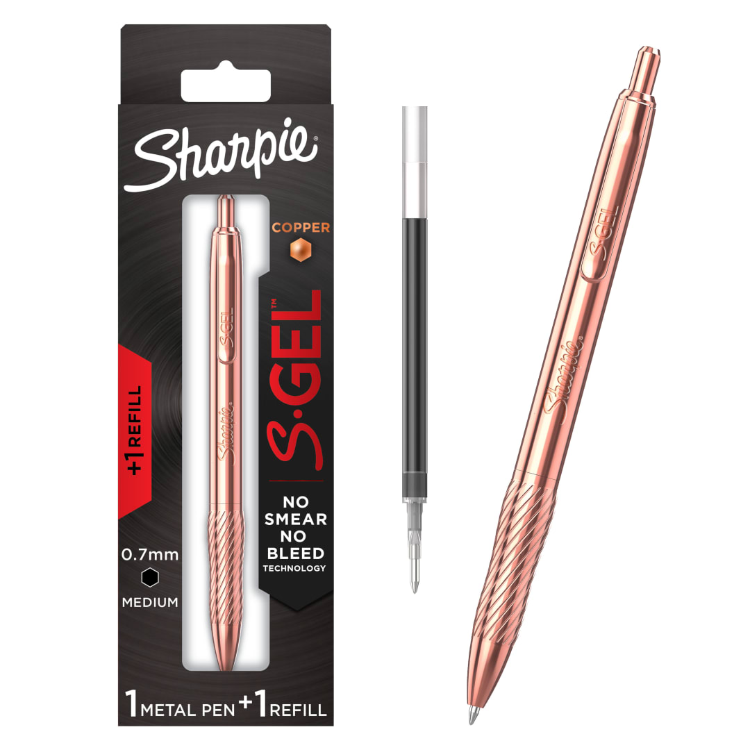 Sharpie S-Gel, Gel Pen, Copper Metal Body, Medium Point (0.7mm), Black Ink, Includes 1 Pen and 1 Additional Ink Refill