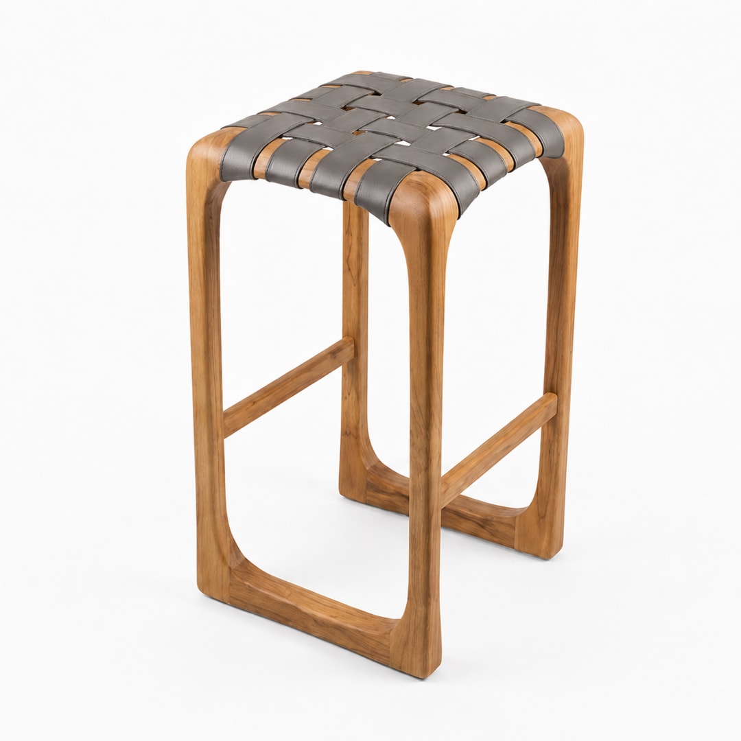 Teak Outdoor Patio Dining Barstool with Leather Seat
