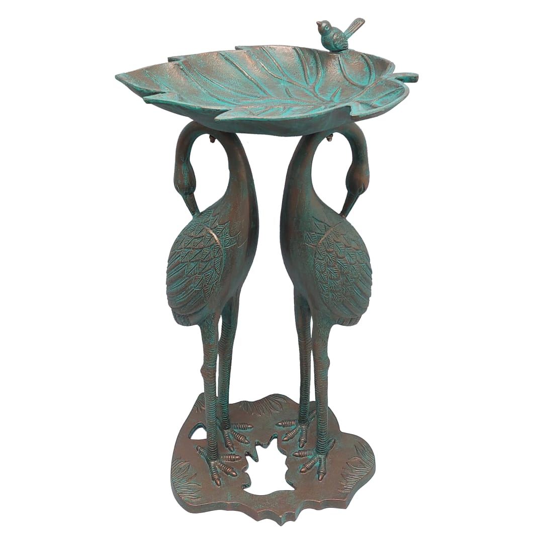Cast Aluminum 30-in Twin Crane Copper Patina Bird Bath with Leaf Bowl