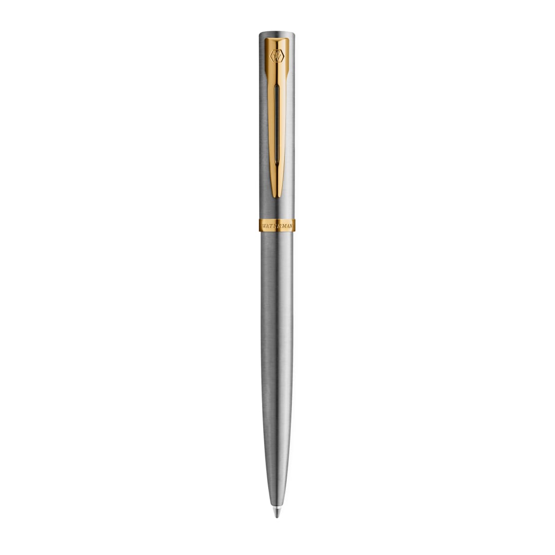 Waterman Impression Bolígrafo | Punta media con recarga de tinta azul | Acero inoxidable con adornos chapados en oro | Caja de regalo